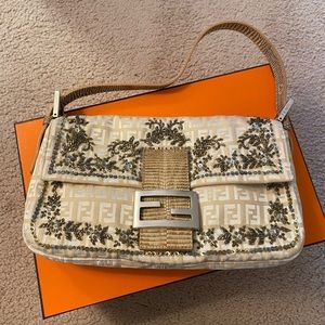 Fendi embellished lizard-trimmed baguette